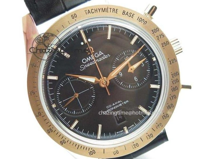 0517 Trendsetting Speedmaster ’57 SS Chrono AXF Best Edition RG Bezel Black Dial on Black Leather Strap A 8283